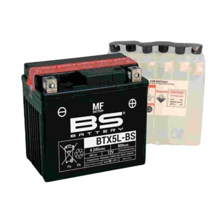 Baterie moto BTX5L-BS, BS Battery, YTX5L-BS, 12V, 4 Ah, 70 A, Negru