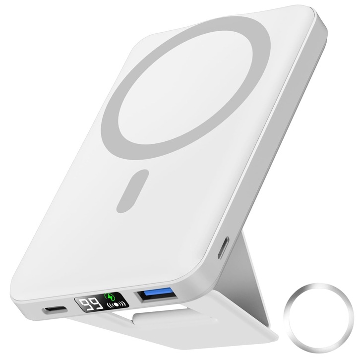 Външна батерия ESL by Essential Level, Безжична магнитна сгъваема, 10000 mAh, 15 W бързо зареждане, PD 22,5 W, Power Bank с LED дисплей на батерията, съвместим с iPhone 14/13/12/Pro/Mini/Pro Max, бял
