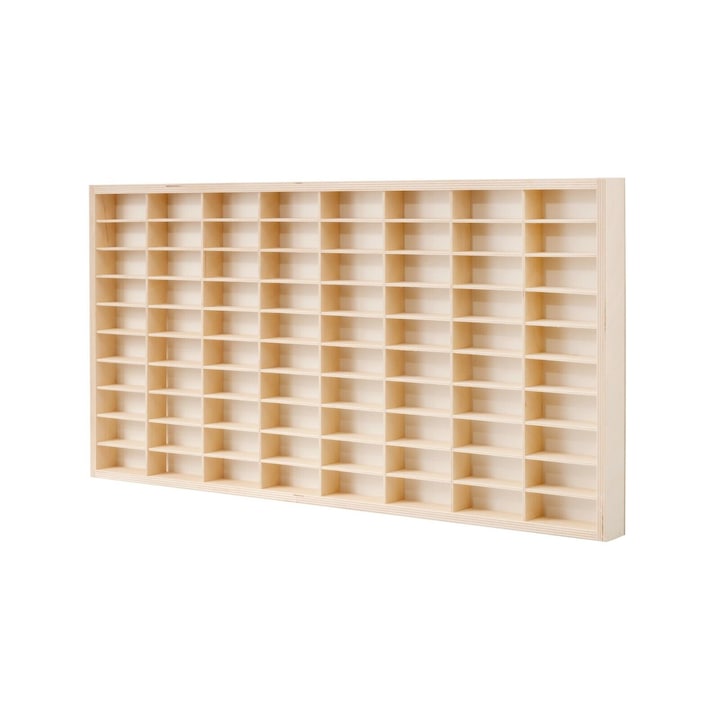Raft organizator din lemn Montessori, Zola®, pentru colectionarii de masini, 80 compartimente, 78x40x4.5 cm