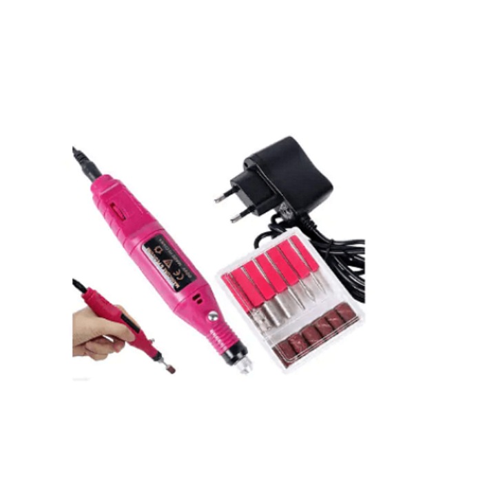 Pila electrica de unghii, Ergonimic, 6xAccesorii, Roz