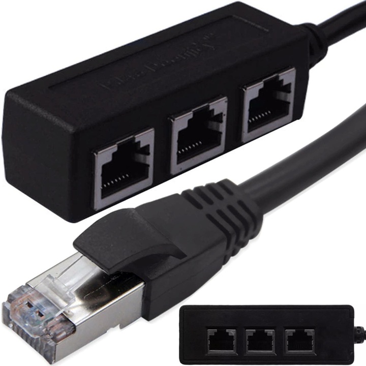 Splitter Ethernet Distribuitor de semnal, LAN FTP 3x RJ45, Negru