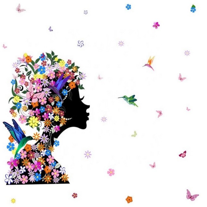 Sticker Decorativ Autocolant DAVIDAMI CONCEPT® model Regina Africana cu Flori Colorate si Pasari Colibri, dimensiune 60 cm x 46 cm