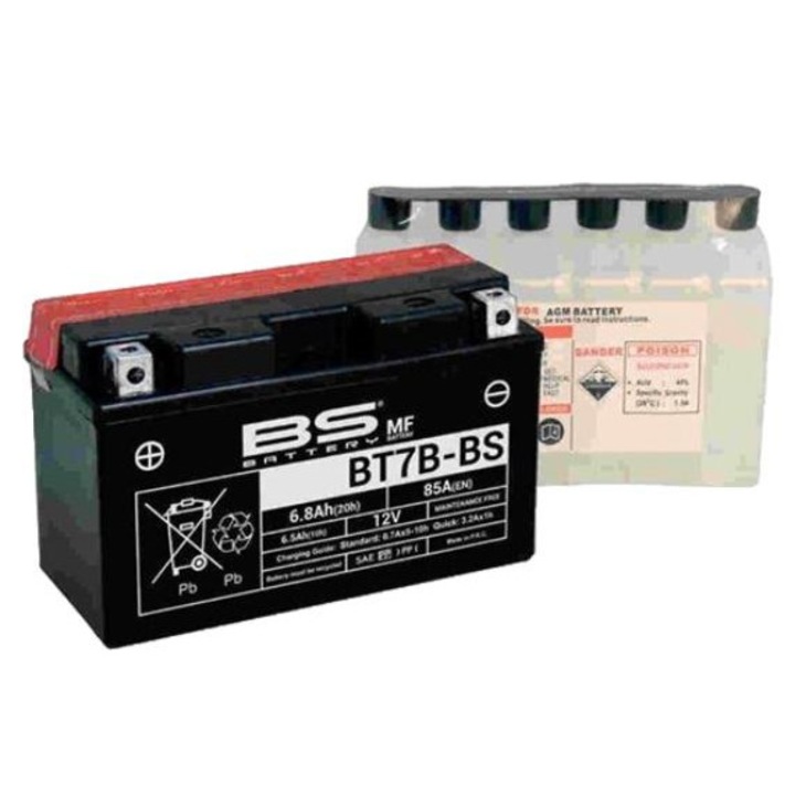 Baterie moto BT7B-BS, BS Battery, YT7B-BS, 12V, 6.5 Ah, 85 A, Negru