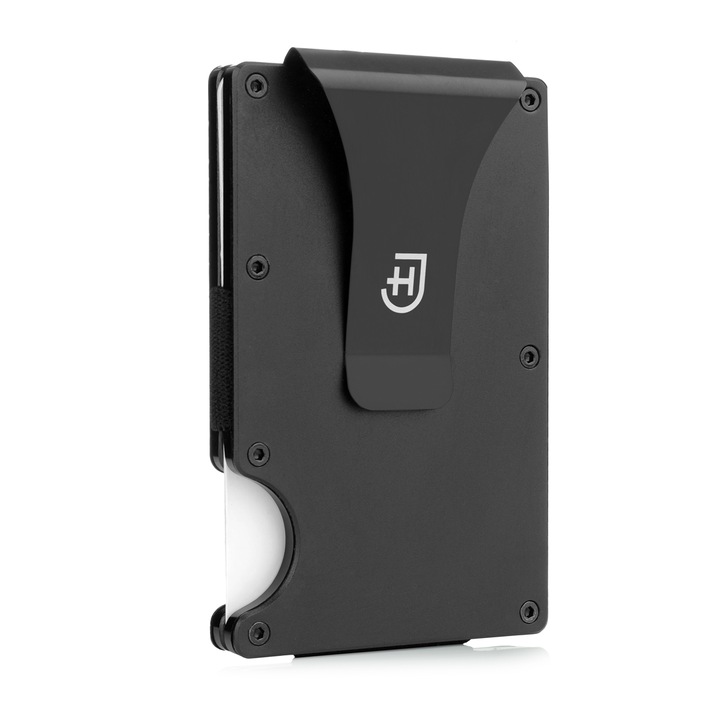 Portcard férfi pénztárca James Hawk, Lopás elleni védelem, Fekete rozsdamentes klipsz, Alumínium, 8,6x5,4x0,6 cm, Fekete