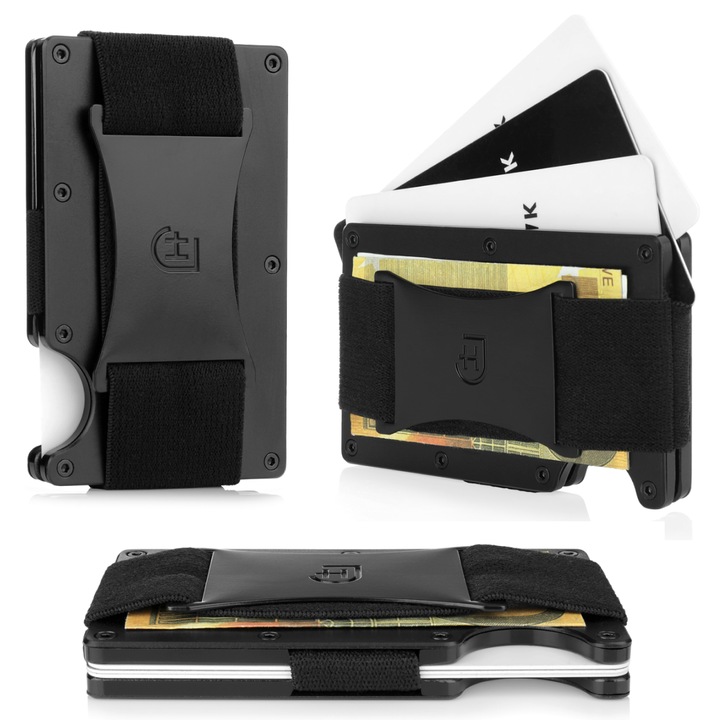 Portofel tip portcard pentru barbati James Hawk, Protectie antifurt, Suport de bancnote din cauciuc, Aluminiu, 8.6x5.4x0.6 cm, Negru mat