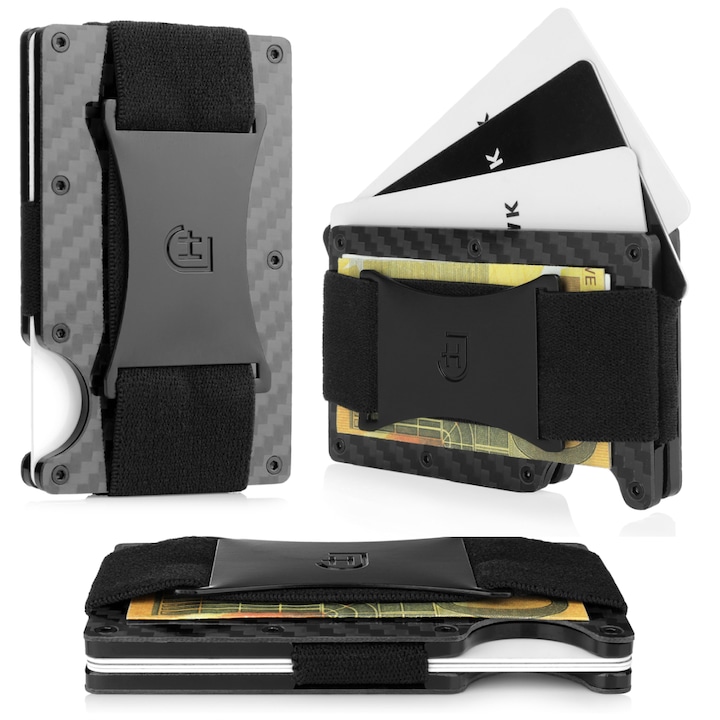 Portofel tip portcard pentru barbati James Hawk, Protectie antifurt, Suport de bancnote din cauciuc, Aluminiu, 8.6x5.4x0.6 cm, Negru carbon