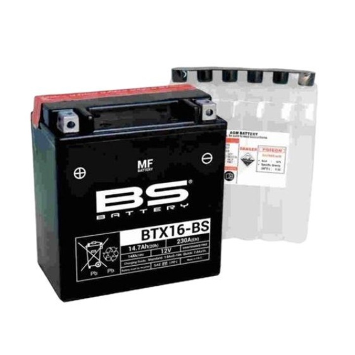 Baterie moto BTX16-BS, BS Battery, YTX16-BS, 12V, 14 Ah, 230 A, Negru