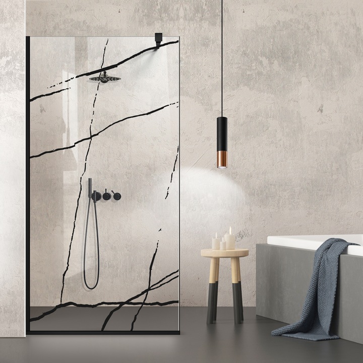 Aqua Class® Black 50x195 cm zuhanyfal, fekete Marble modell, víztiszta biztonsági üveg