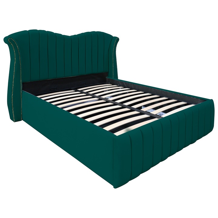 Pat dublu tapitat model Hawaii, 140/200 cm, culoare verde, cu somiera metalica rabatabila si spatiu de depozitare