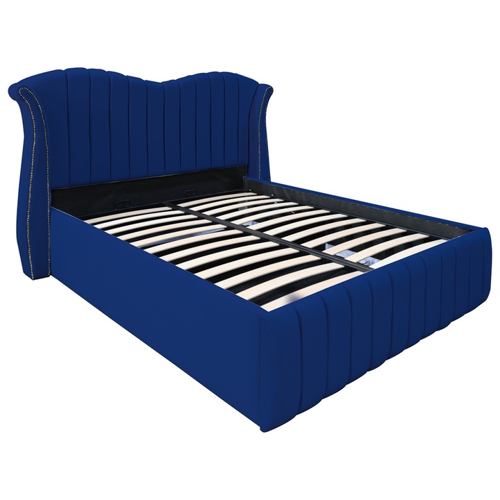 Pat dublu tapitat model Hawaii, 180/200 cm, culoare bleumarin, cu somiera metalica rabatabila si spatiu de depozitare