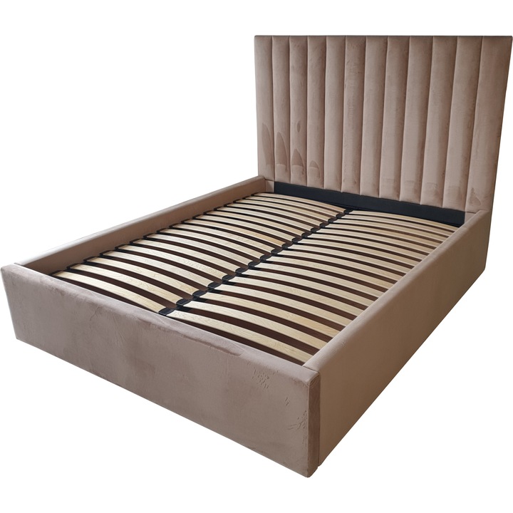 Pat tapitat, Model AMMA, Catifea bej Riviera 24, somiera fixa, 160x200 cm