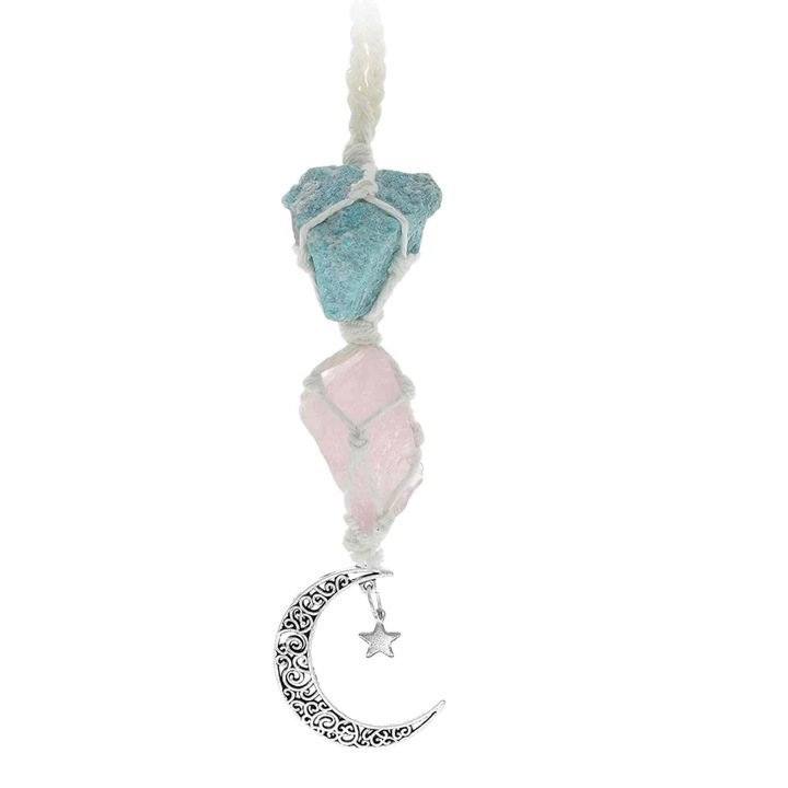Függesztett dísz gyógyító kristályokkal Rózsakvarc és Amazonit fehér madzaggal, félholddal és csillag kiegészítőkkel Feng shui dekoráció autós tükörbe, otthonra és irodába