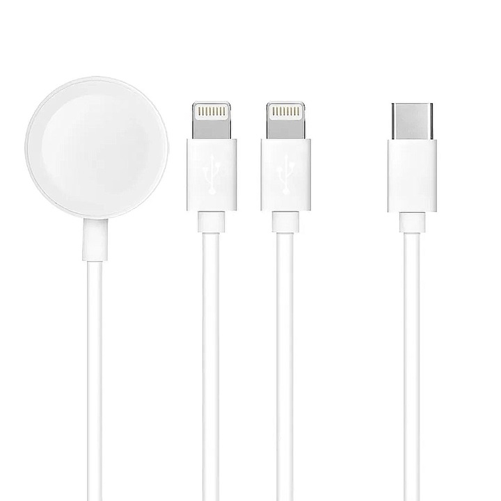 3 az 1-ben készlet C típusú gyorstöltő 1x Apple Watch vezeték nélküli töltőhöz, 2x Apple dugós gyorstöltő kábel, fehér