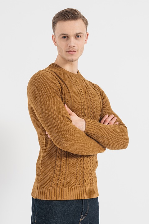 Jack & Jones, Плетен пуловер Raig с овално деколте, Кафяв