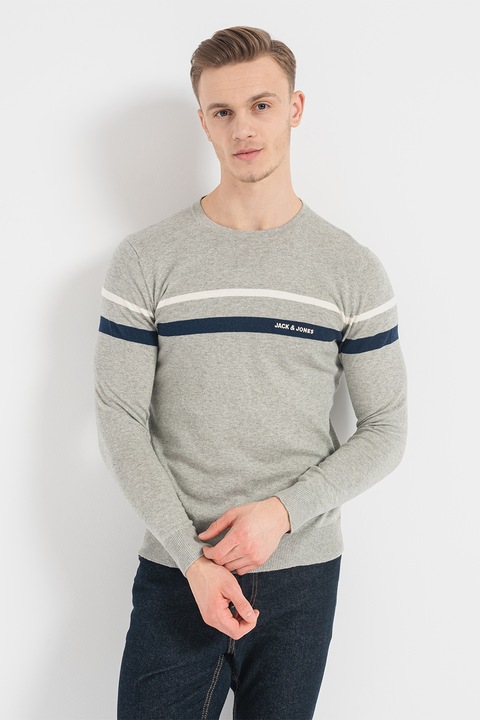 Jack & Jones, Раиран пуловер с овално деколте, Бял/Сив меланж/Тъмносин