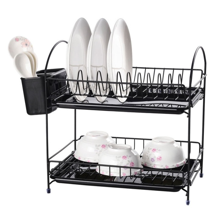 Uscator de vase Rosberg R53000E, 34 cm, Cu 2 tavi, Suport pentru ustensile, Negru