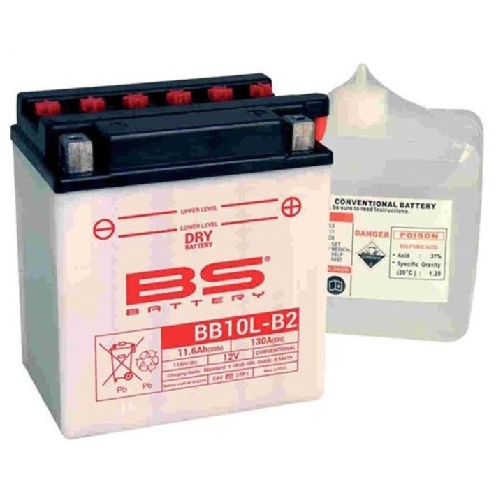 Baterie moto BB10L-B2, BS Battery, YB10L-B2, 12V, 11 Ah, 130 A, Alb