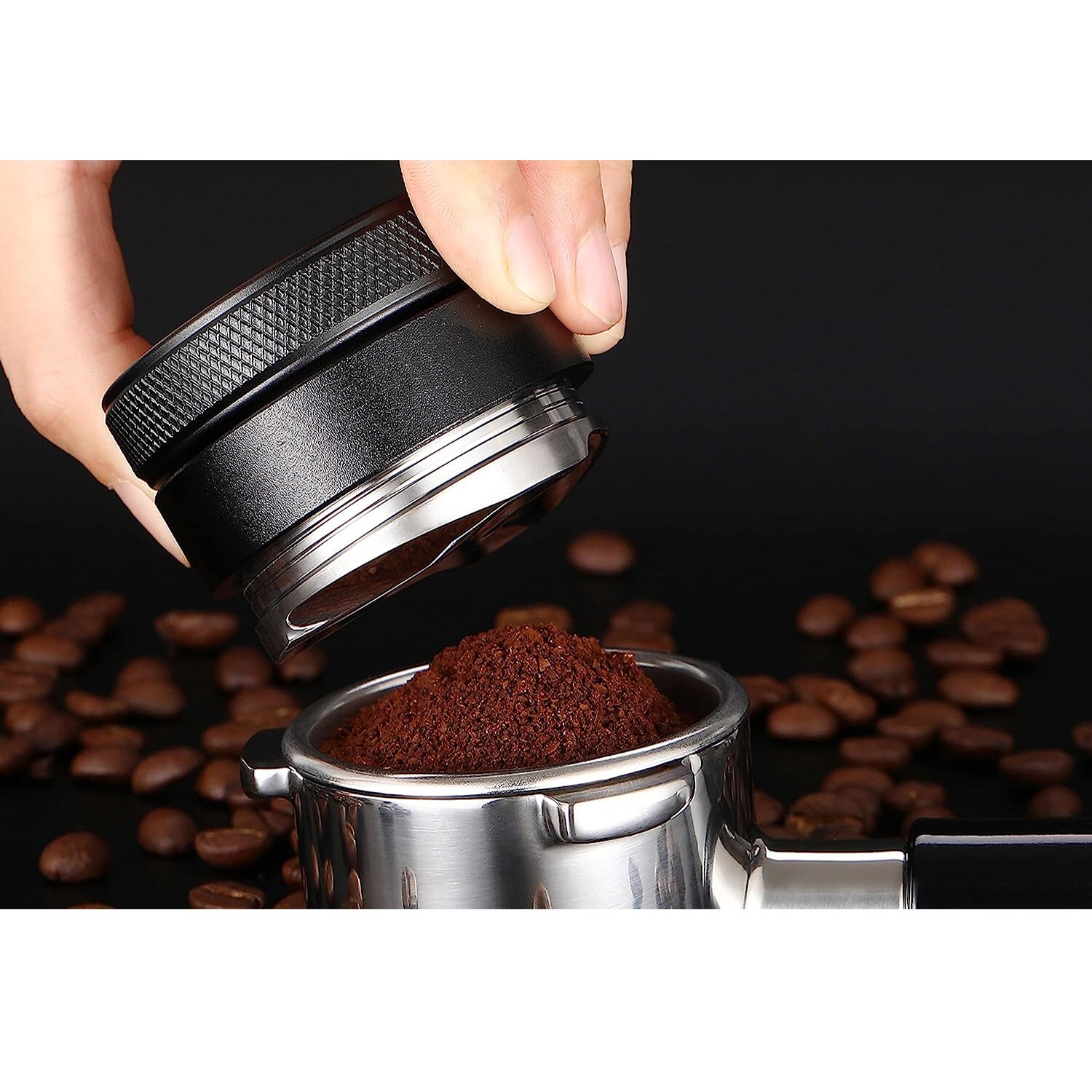 Tamper cafea, Amtok, Inox/Aluminiu, Adancime reglabila, negru, 51mm