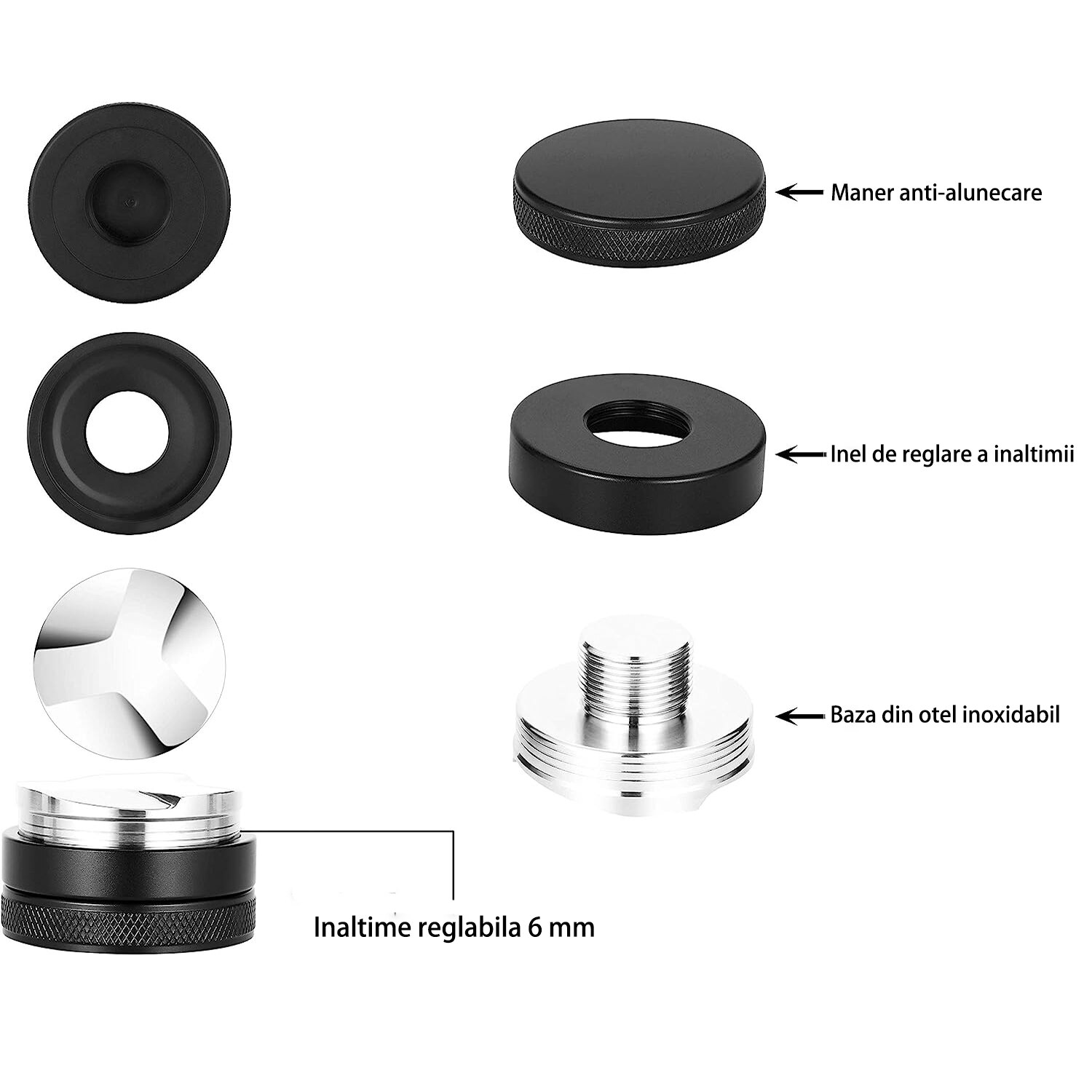 Tamper cafea, Amtok, Inox/Aluminiu, Adancime reglabila, negru, 51mm