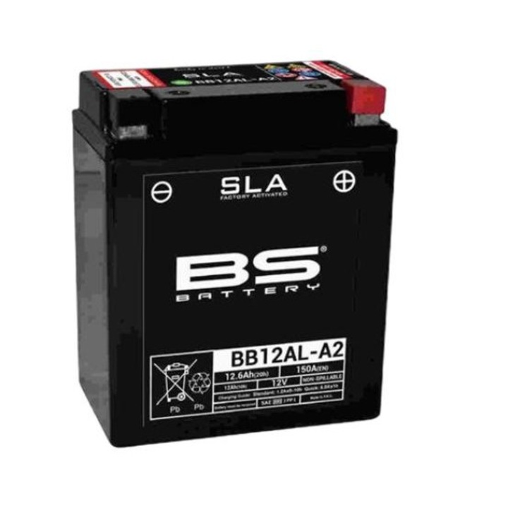 Baterie moto BB12AL-A2, BS Battery, YB12AL-A2, 12V, 12 Ah, 140 A, Negru