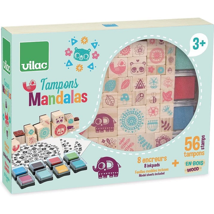 Комплект дървени печати, Vilac, Mandala, 64 части, Многоцветен