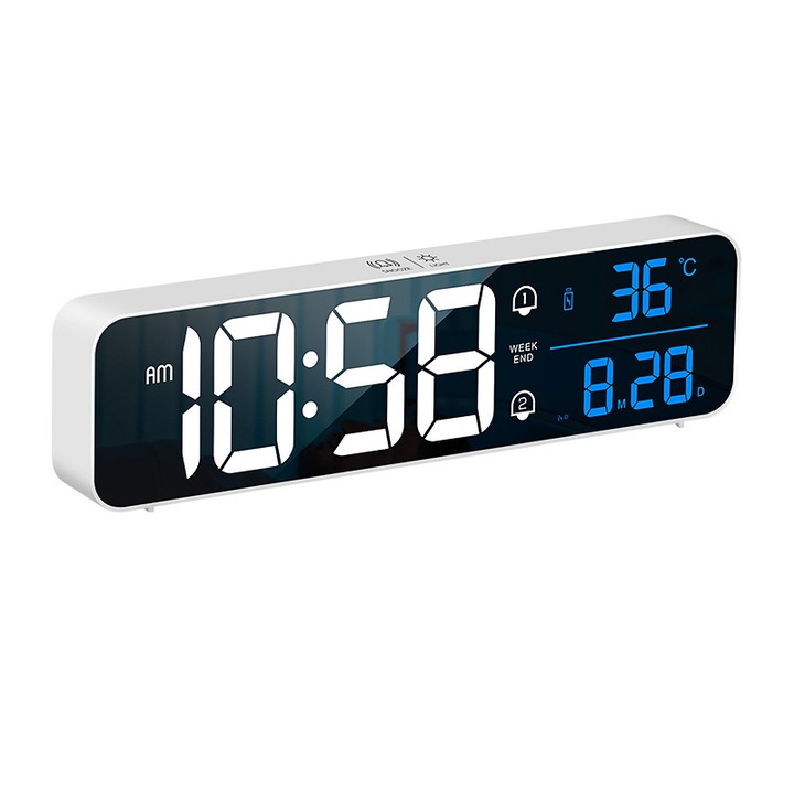 Bur Online Digitális óra, asztali vagy fali, HD LED kijelzővel, többfunkciós, dátum, nap, idő és hőmérséklet egyidejű kijelzése, 26 cm, fehér