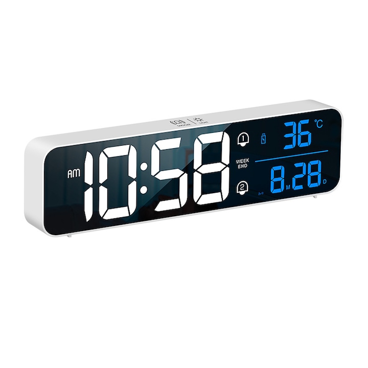 Ceas de masa sau perete Bur Online, cu afisaj LED HD, multifunctional, data, ziua, ora si temperatura afisate simultan, 26 cm, alb