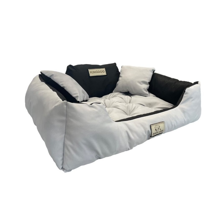 Pat pentru caini KINGDOG, All in one, Poliester, Impermeabil, 100x75 cm, Negru/Gri