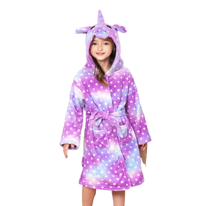 Детски халати, модел Еднорог, лилаво-син принт на точки, 9-10 години