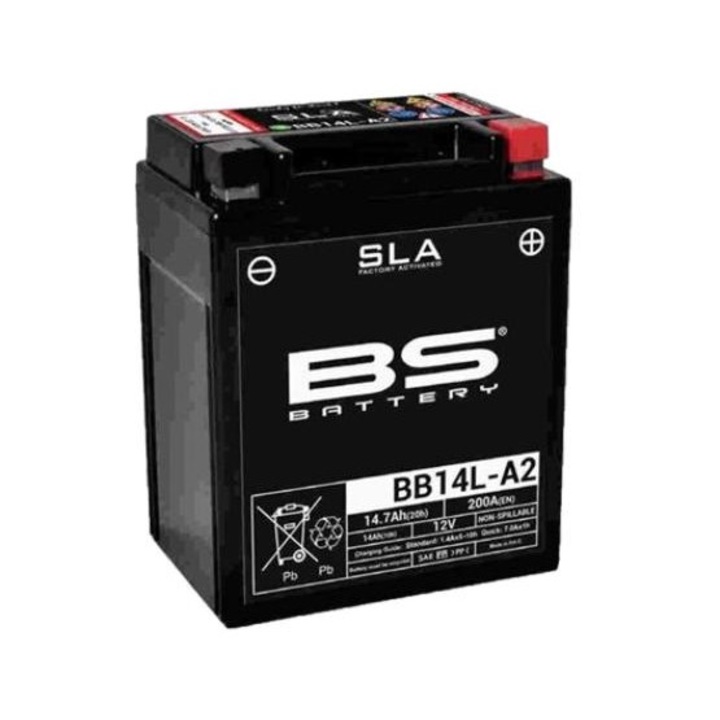 Baterie moto BB14L-A2, BS Battery, YB14L-A2/YB14L-B2, 12V, 14 Ah, 210 A, Negru