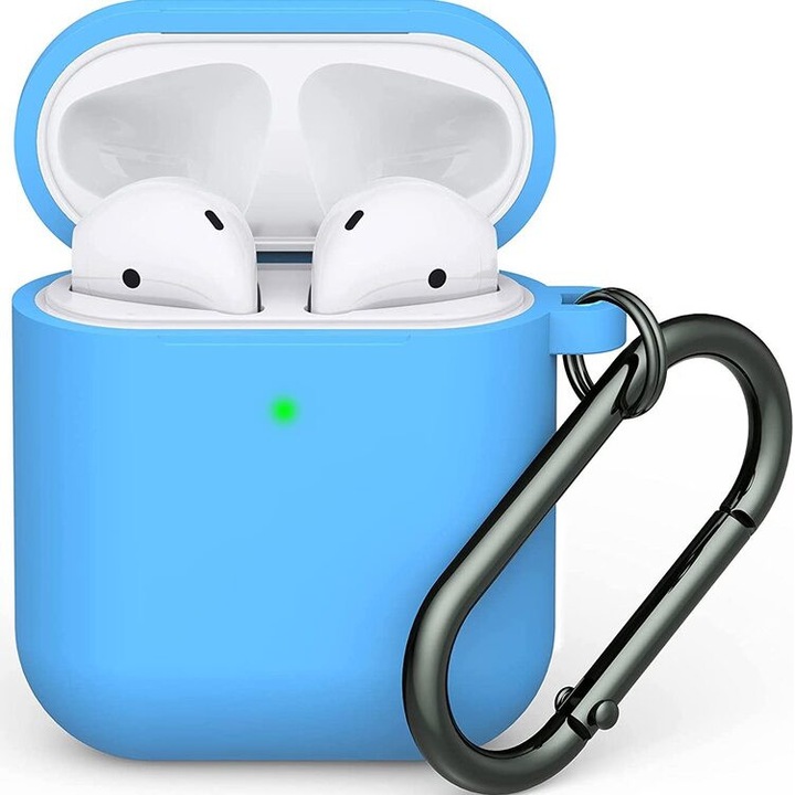 Husa Silicon Protectie compatibila cu AirPods Generatia 1/2 Merkie®, Silicon Moale, cu Breloc Carabina, Incarcare Wireless, Albastru