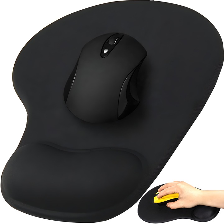 Mousepad Ergonomic Retoo Connect Pentru Mana Cu Suport Gel, Design Antiderapant, Pentru Birou Si Jocuri, Dimensiune 23 x 19 cm, Cauciuc Natural, Reducerea Oboselii Si Durere In Incheietura Mainii, Culoare Neagra, Confort Sporit pentru Lucru Prolungat