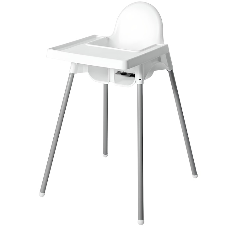 Висок стол за маса, за бебета и деца, с табла и предпазен колан, бял, 90cm x 58cm