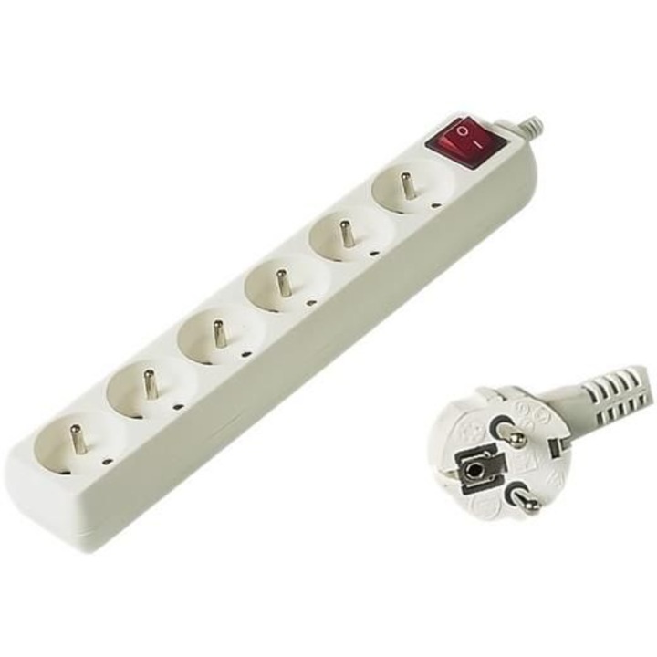 Hosszabbító kábel, 6 aljzat, 2 m, Fehér