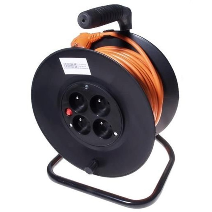Prelungitor rola cu tambur, 230 V, 25 m, 4 prize, Negru/Portocaliu