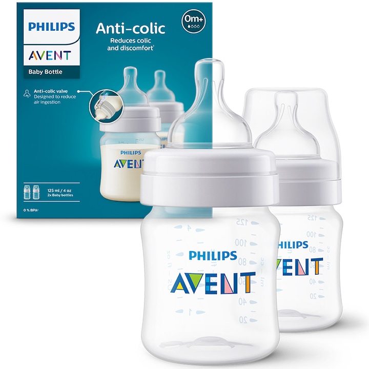Set 2 biberoane anti-colici Philips Avent SCY100/02, 125 ml, Tetina cu debit 1, +0 luni, 2 buc, fara BPA, usor de curatat
