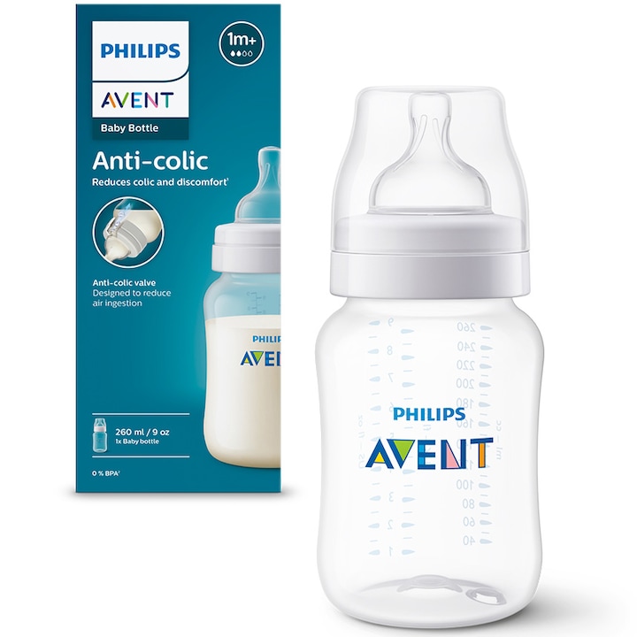 Biberon anti-colici Philips Avent SCY103/01, 260ml, Tetina cu debit 2, +1 luni, fara BPA, usor de curatat