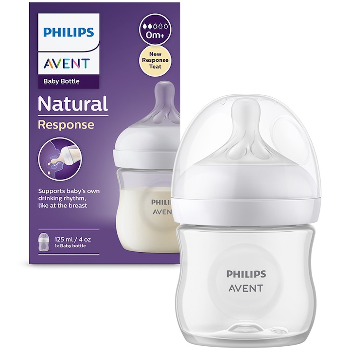 Шише за хранене Philips Avent Natural Response SCY900/01, 125 мл, Биберон, който работи като майчината гърда, Поток 2, Биберон без течове, +0 месеца, Без BPA, Лесно почистване