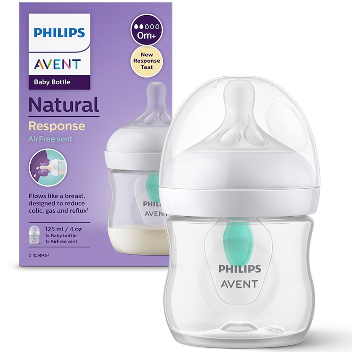 Biberon Philips Avent Natural Response SCY670/01, cu dispozitiv anticolici AirFree, 125 ml, tetina care functioneaza ca sanul mamei, cu debit 2, tetina fara scurgeri, +0 luni, fara BPA, usor de curatat