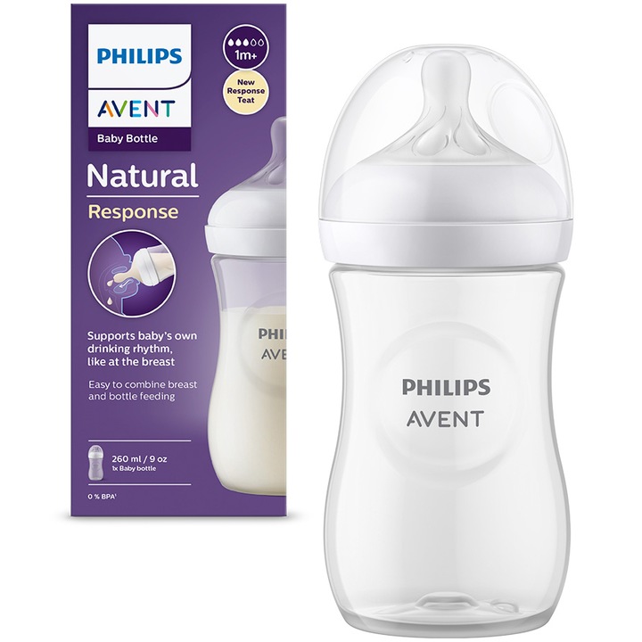 Biberon Philips Avent Natural Response SCY903/01, 260 ml, tetina care functioneaza ca sanul mamei, cu debit 3, tetina fara scurgeri, +1 luni, fara BPA, usor de curatat