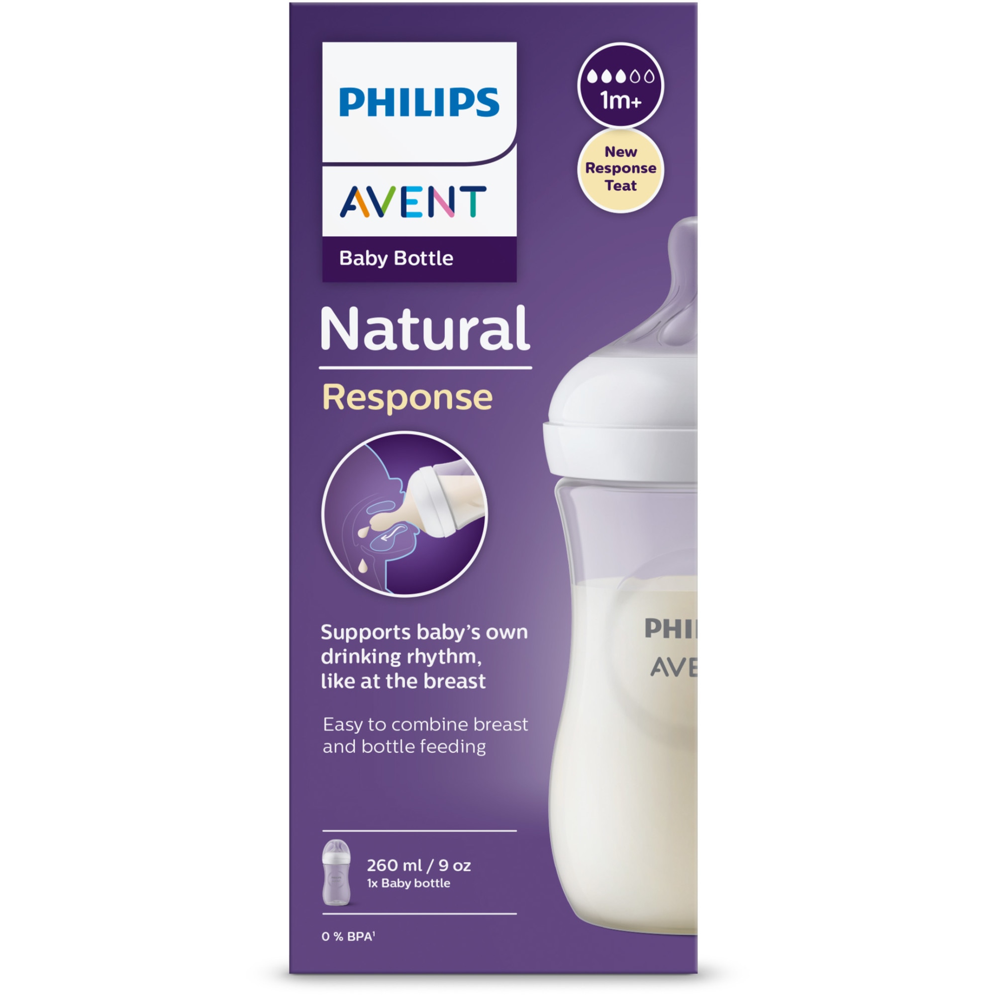 Biberon Philips Avent Natural Response SCY903/01, 260 ml, tetina care  functioneaza ca sanul mamei, cu debit 3, tetina fara scurgeri, +1 luni,  fara BPA, usor de curatat 
