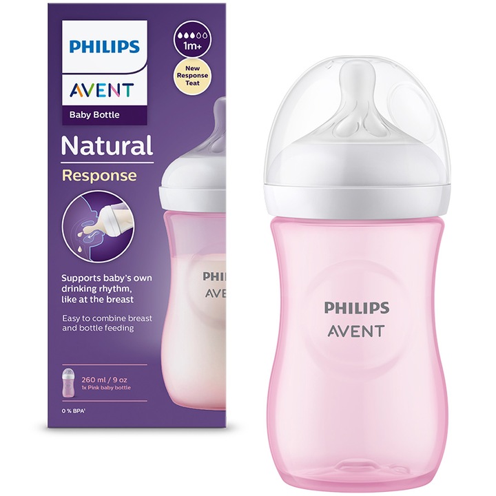 Biberon Philips Avent Natural Response SCY903/11, 260 ml, tetina care functioneaza ca sanul mamei, cu debit 3, tetina fara scurgeri, +1 luni, fara BPA, usor de curatat, roz