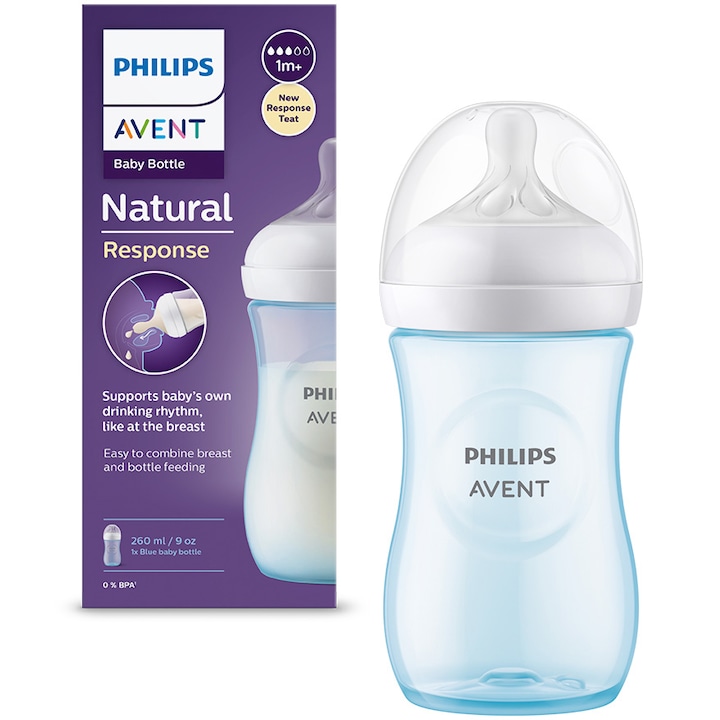 Шише за хранене Philips Avent Natural Response SCY903/21, 260 мл, Биберон, работещ като майчината гърда, Поток 3, Биберон без течове, +1 месец, Без BPA, Лесно почистване, Син