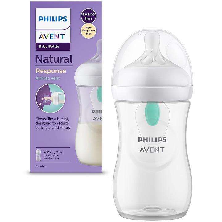 Biberon Philips Avent Natural Response SCY673/01, cu dispozitiv anticolici AirFree, 260 ml, tetina care functioneaza ca sanul mamei, cu debit 3, tetina fara scurgeri, +1 luni, fara BPA, usor de curatat