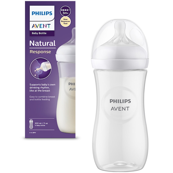 Biberon Philips Avent Natural Response SCY906/01, 330 ml, tetina care functioneaza ca sanul mamei, cu debit 4, tetina fara scurgeri, +3 luni, fara BPA, usor de curatat