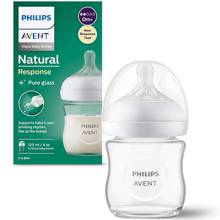 Шише за хранене Philips Avent Natural Response SCY930/01 Стъкло, 120 мл, Биберон, работещ като майчината гърда, Поток 2, Биберон без течове, +0 месеца, Без BPA, Лесно почистване