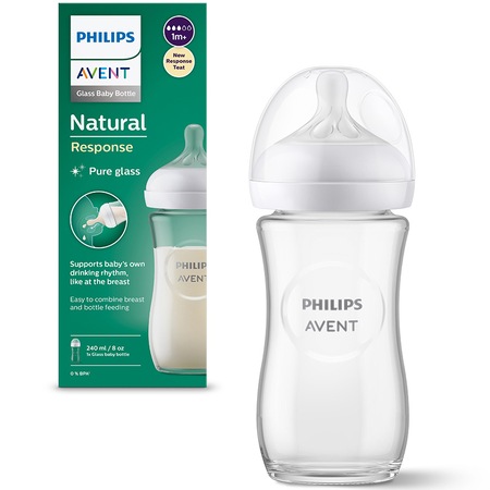 Biberon din sticla Philips Avent Natural Response SCY933/01, 240 ml, tetina care functioneaza ca sanul mamei, cu debit 3, tetina fara scurgeri, +1 luni, fara BPA, usor de curatat