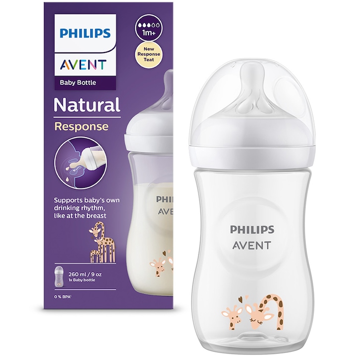 Biberon Philips Avent Natural Response SCY903/66, 260 ml, tetina care functioneaza ca sanul mamei, cu debit 3, tetina fara scurgeri, +1 luni, model deco girafe, fara BPA, usor de curatat
