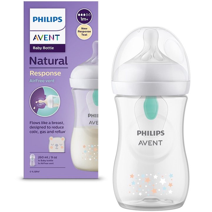 Шише за хранене Philips Avent Natural Response SCY673/82, С устройство AirFree, 260 мл, Биберон, който работи като майчината гърда, Поток 3, Биберон без течове, +1 месец, Модел bear deco, Без BPA, Лесно почистване