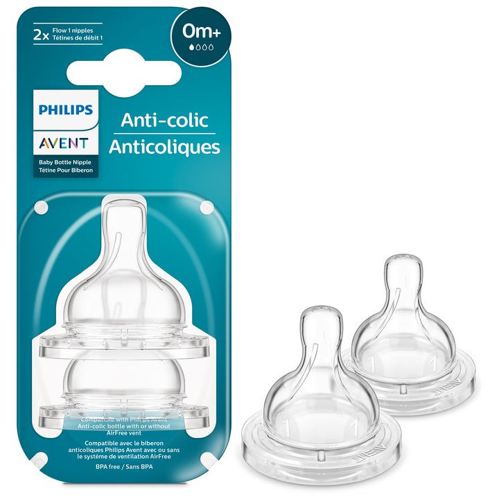 Tetina Anti-colici Philips Avent SCY761/02, +0 luni, debit 1, fara BPA, 2 bucati
